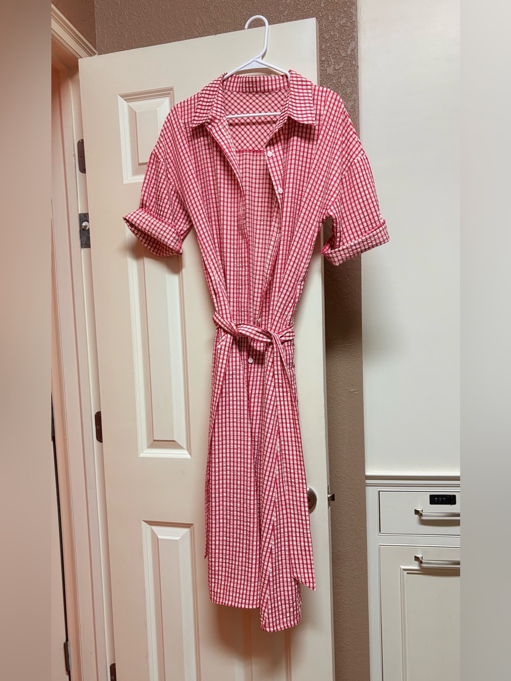 Women’s Pink & White Gingham A-Line Tie waist Button Up Dress